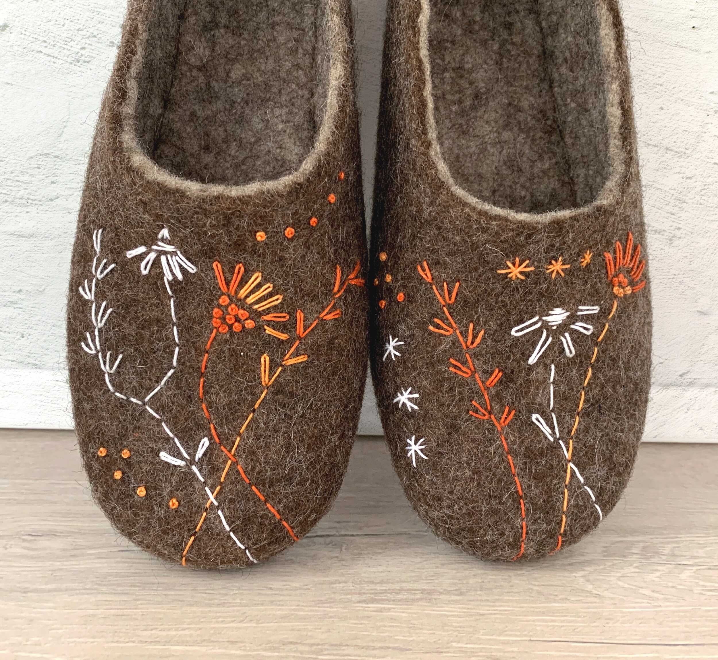 Brown wool felt slippers with embroidery flowers for women a Etsy