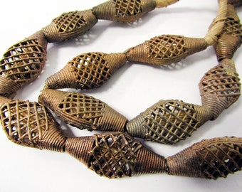 African Brass Beads, Ornate Cast Metal Beads from Ghana, pack of 2 Strands of Brass Beads