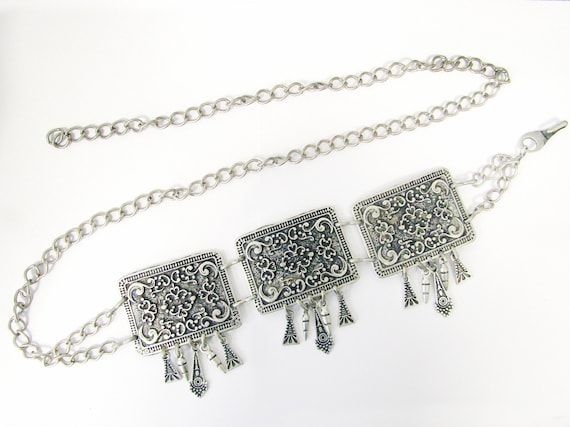Vintage Metal Boho Whimsigoth Chain Belt silver rose medallion filigree Vintage Metal Chain Belt, Chain Belt With Filigree Design - Etsy main image 2