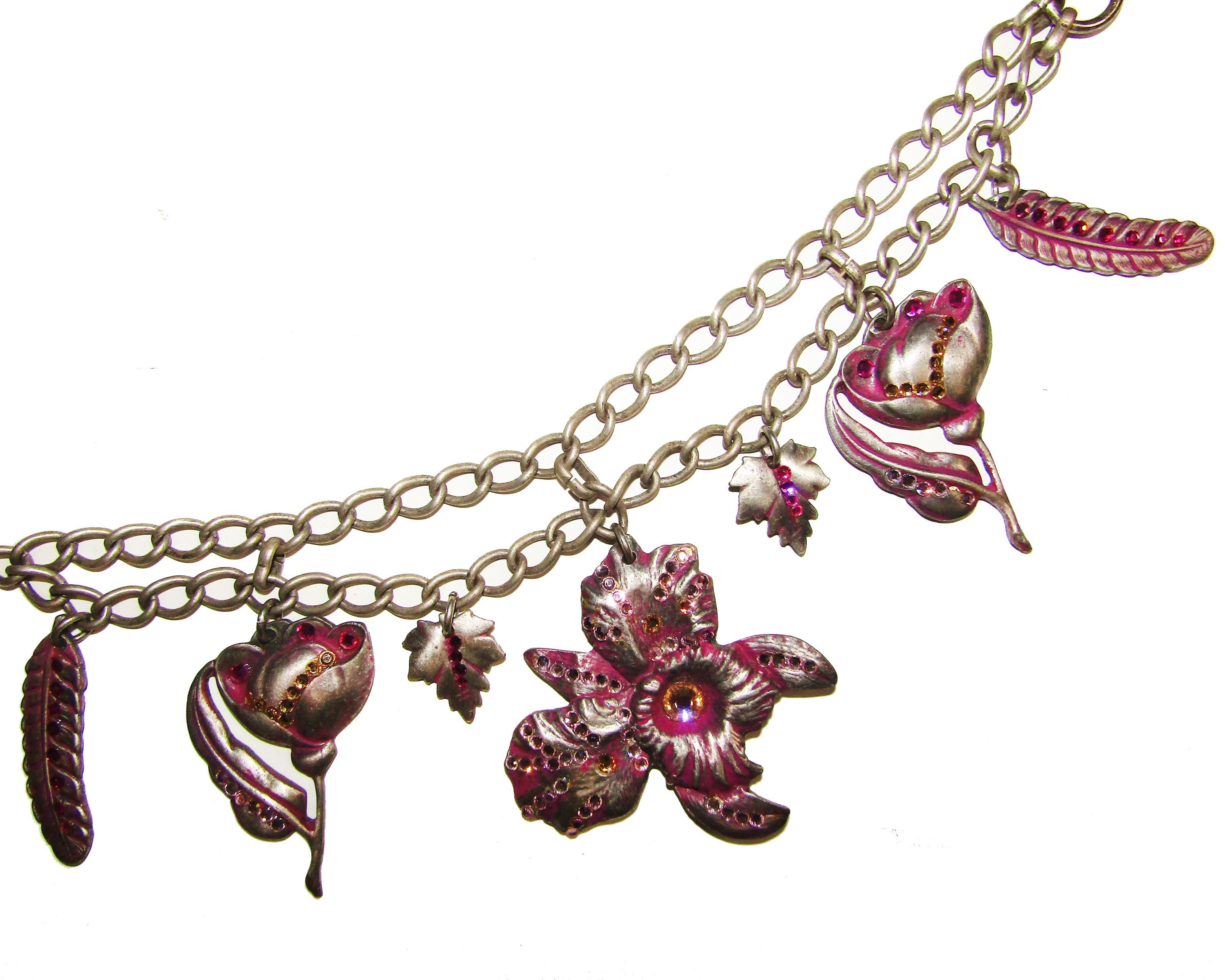 Gorgeous, Vintage, Silver and Pink Flower Charms Chain Belt  display picture 3