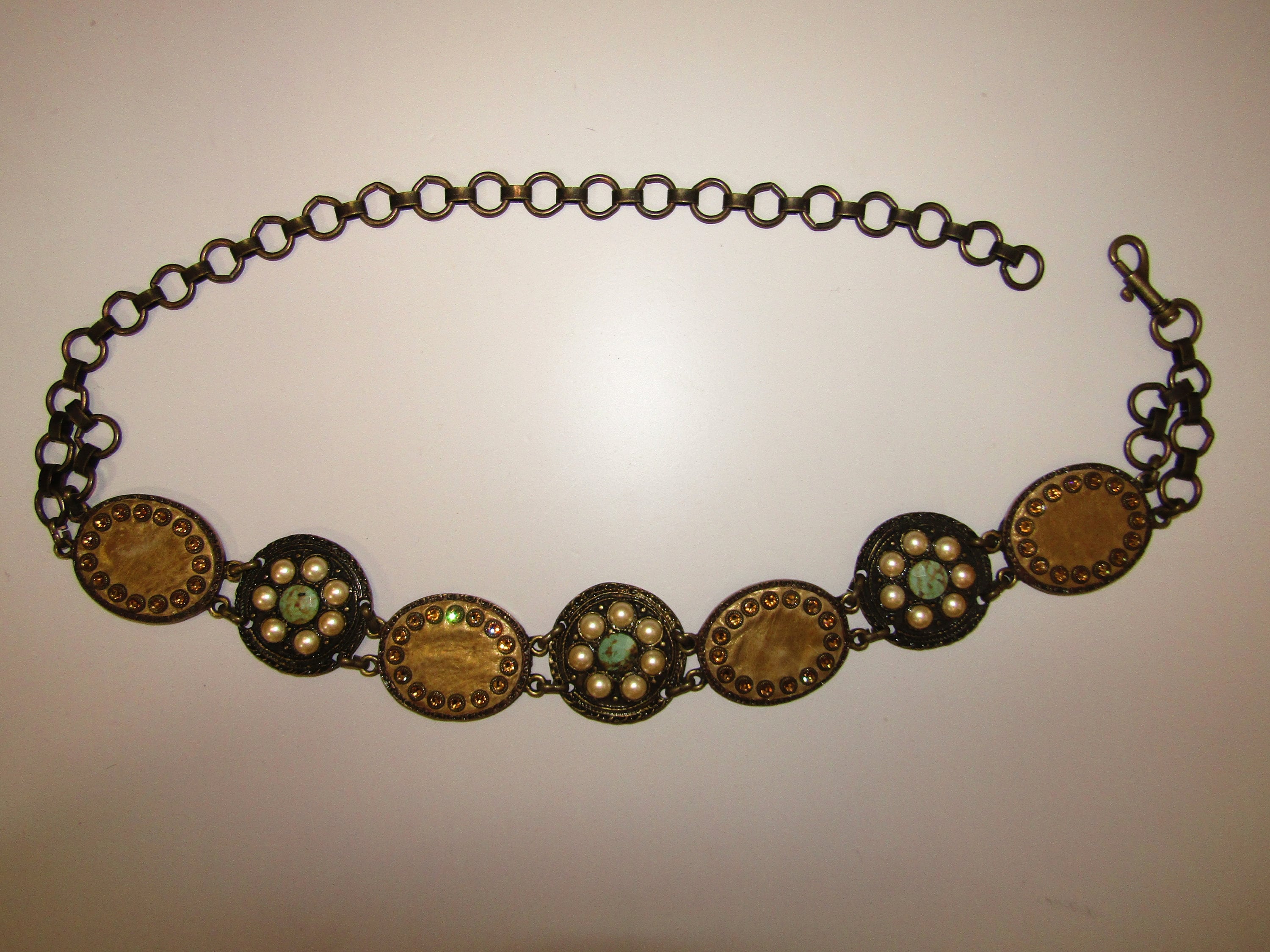 Vintage Gold Chain Belt with Jeweled Medallion Clasp Vintage Shiny Bright Gold Medallion Chain Belt, Elastic  main image 3