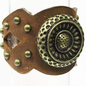 Brown Leather Cuff With Round Brass center ornament and pearl studs