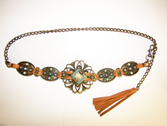 Vintage Metal Chain Engraved Belt Vintage Light Brown Genuine Leather Belt W/tooled Engraved  main image 4