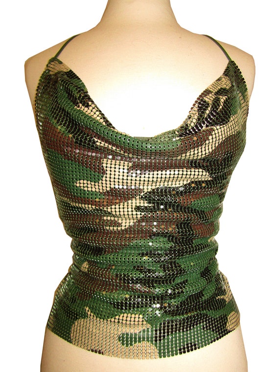 Vintage Cowl-Neck Camouflage Print Metal Mesh Hal… - image 1