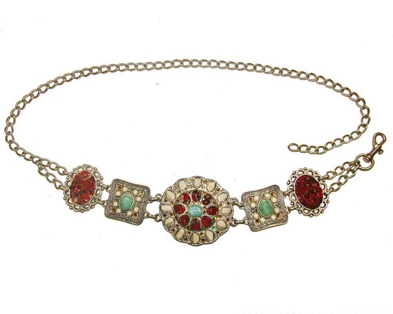 Women’s belt chain crystals vintage one size Vintage Leather/Metal Belt With Stones Women main image 3