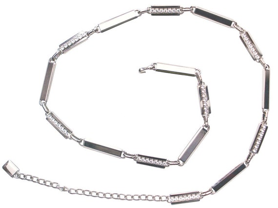 Polished Metal Chain Belt with Crystals, Silver o… - image 1