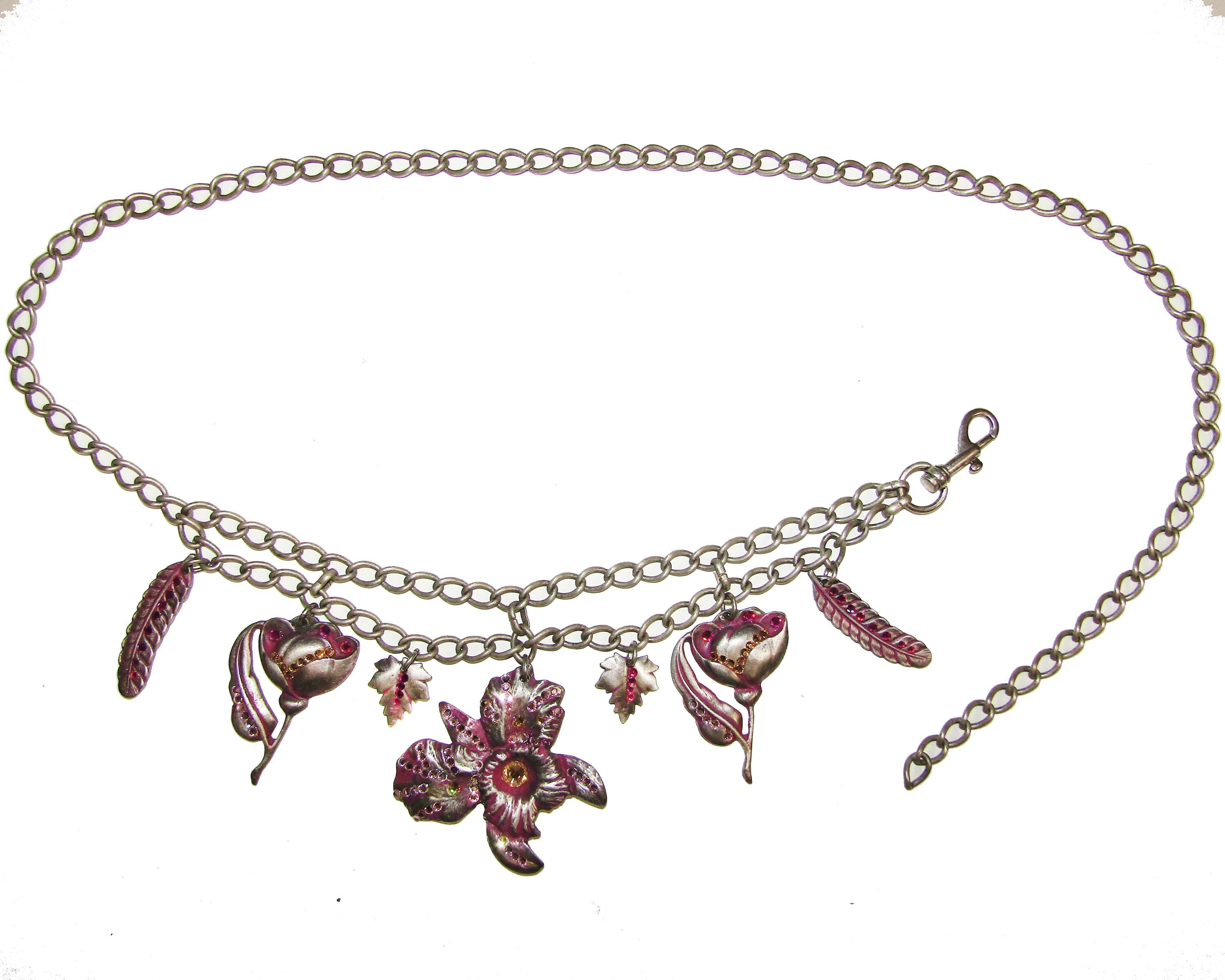 Vintage European shades of Pink Crystal Silver Chain Belt adjustable Vintage Ladies Silver Tone and Pink Oval Chain Link Belt  main image 2