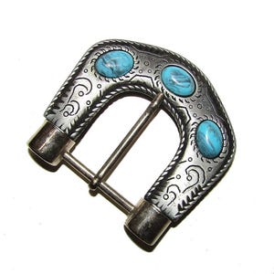 Silver Western Belt Buckle With Turquoise Cabachons, Made in 