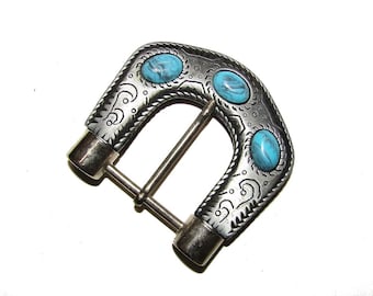 Silver Western Belt Buckle With Turquoise Cabachons, Made in  display picture 2