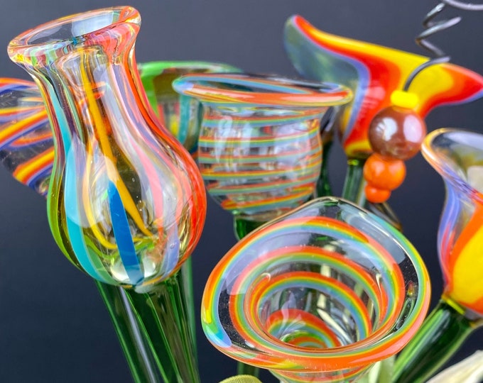 Bright Blown Glass Flower Arrangement Gift in a Ceramic Vase With a