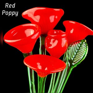 May include: A collection of glass flowers featuring vibrant red poppy blossoms with smooth, rounded petals and translucent green stems. One prominent green glass leaf with detailed veining is visible. The text Red Poppy is displayed.