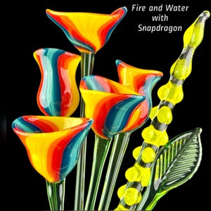 May include: A collection of glass sculptures featuring four trumpet-shaped flowers with swirling red, orange, yellow, and blue stripes, alongside a tall yellow textured stem with a green leaf. The text Fire and Water with Snapdragon is visible.