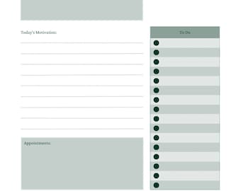 May include: A white daily planner with the words "DAILY ROUTINE" at the top. The planner includes sections for goals, motivation, appointments, notes, and a to-do list. The text is in a dark green color.