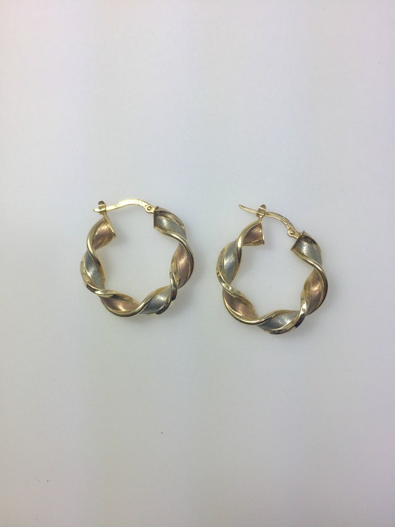 10K gold Italian twisted hoop tricolor earrings