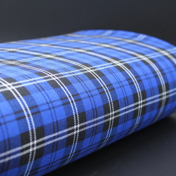 Tartan tendance bleu nuit, polyviscose, idéal pour la décoration et les vêtements + fil assorti. Tissu écossais par mètre.