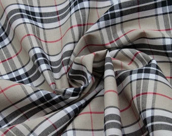 Beige Tartan Fabric, Tan Black White Plaid Fabric By The Yard