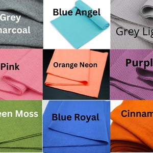 K&ouml;nnte beinhalten: Eine Collage von Stoffmustern in verschiedenen Farben, darunter Grau, Rosa, Orange, Gr&uuml;n, Blau und Lila. Jedes Muster ist mit seinem Farbnamen beschriftet, wie z. B. "Grey Charcoal", "Pink" und "Blue Angel".