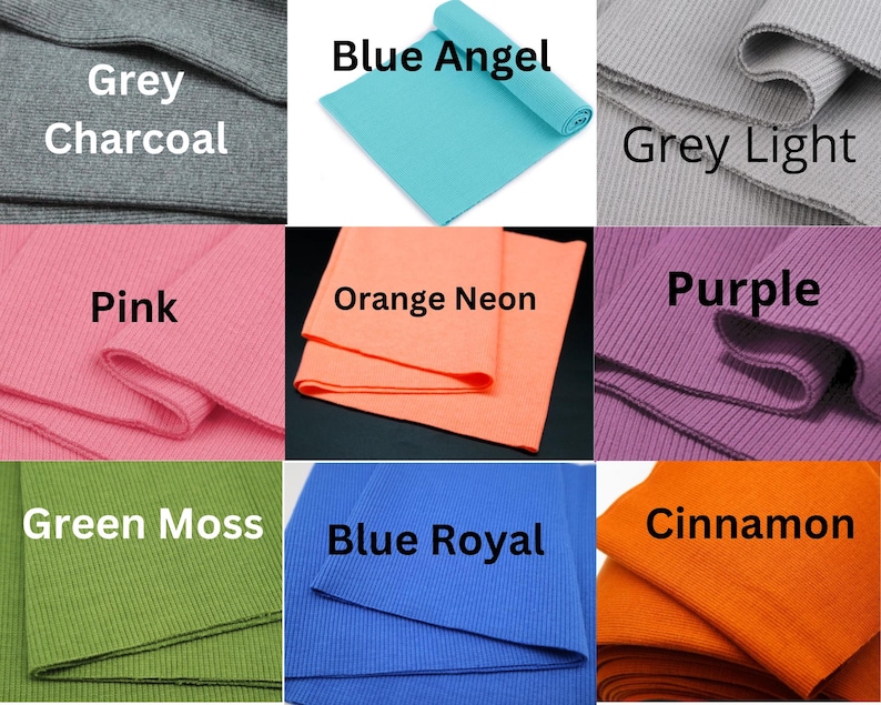 K&ouml;nnte beinhalten: Eine Collage von Stoffmustern in verschiedenen Farben, darunter Grau, Rosa, Orange, Gr&uuml;n, Blau und Lila. Jedes Muster ist mit seinem Farbnamen beschriftet, wie z. B. "Grey Charcoal", "Pink" und "Blue Angel".