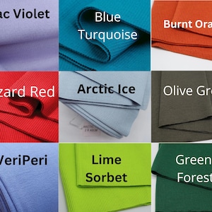 K&ouml;nnte beinhalten: Neun Stoffmuster in verschiedenen Farben, darunter Lilac Violet, Blue Turquoise, Burnt Orange, Hazard Red, Arctic Ice, Olive Grey, VeriPeri, Lime Sorbet und Green Forest. Jedes Muster zeigt den Farbnamen in wei&szlig;er Schrift.