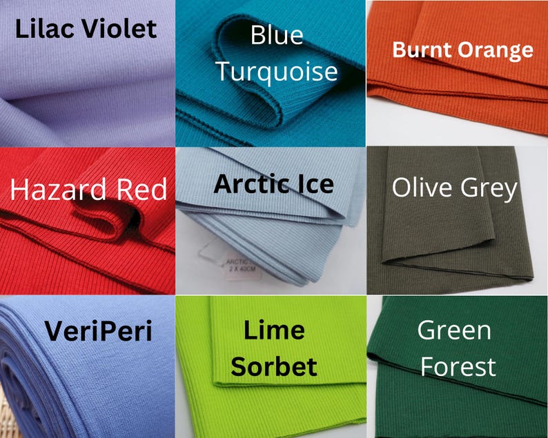 K&ouml;nnte beinhalten: Neun Stoffmuster in verschiedenen Farben, darunter Lilac Violet, Blue Turquoise, Burnt Orange, Hazard Red, Arctic Ice, Olive Grey, VeriPeri, Lime Sorbet und Green Forest. Jedes Muster zeigt den Farbnamen in wei&szlig;er Schrift.