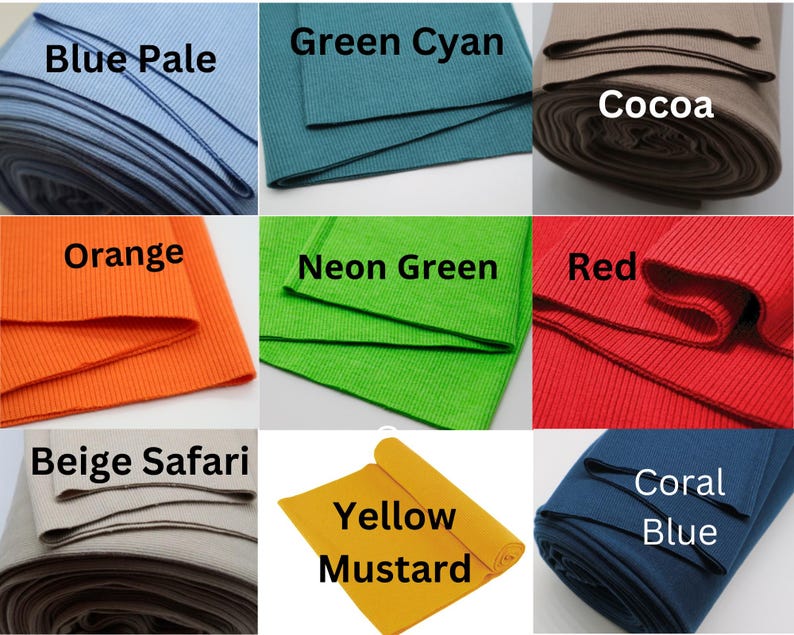 K&ouml;nnte beinhalten: Eine Sammlung farbiger Stoffmuster in verschiedenen Farbt&ouml;nen, darunter Blau, Gr&uuml;n, Orange und Rot. Jedes Muster ist mit seinem Farbnamen beschriftet, wie "Blau Hell" und "Gelb Senf". Die Stoffe scheinen gerippt zu sein.