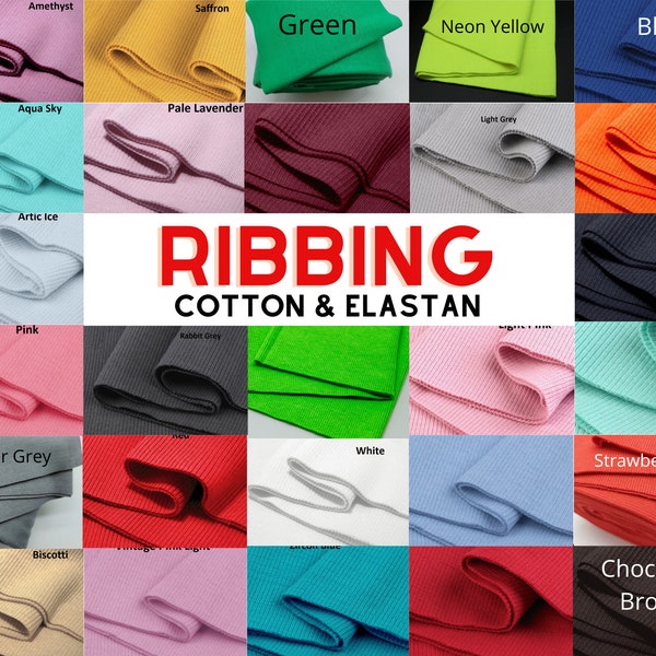 60 Colours - Tubular Cotton Elastic Ribbing Knit Fabric Tube, 97% cotton, 3 perc elastan, for Cuffs, Waists, Necklines