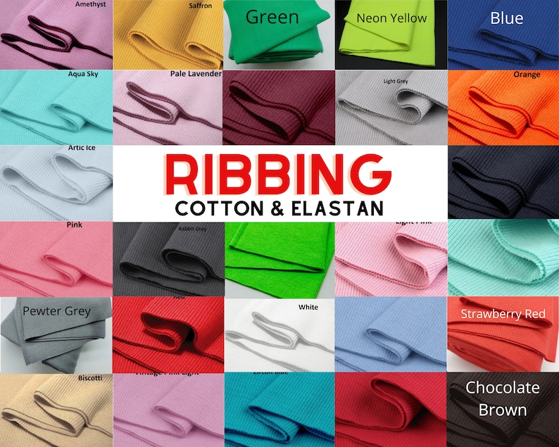 K&ouml;nnte beinhalten: Eine Collage aus farbigen Stoffmustern aus gerippter Baumwolle und Elasthan. Die Farben umfassen Amethyst, Safran, Gr&uuml;n, Neongelb, Blau, Aqua Sky, Blasslila, Eisblau, Orange, Hellgrau, Rosa, Kaninchengrau, Zinn, Biscotti, Wei&szlig;, Erdbeerrot und Schokoladenbraun.