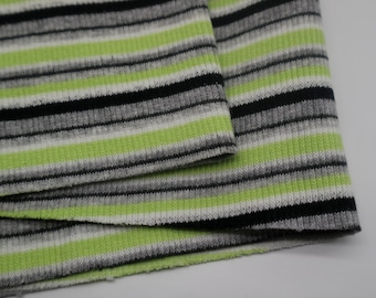 Striped Rib Knit Tube Fabric: Light Green/Black/Grey - 97% Cotton. Ribbing fabric for cuffs. Black rib knit fabric.Knit fabric by the yard