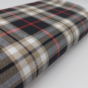 Black Cappucino Tartan, Polyviscose, suitable for decoration and clothing + matching thread. Tartan fabric by the yard.