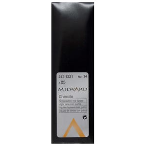 May include: A rectangular black package containing 25 Milward No. 14 Chenille needles. The white label features the text 213 1221, No. 14, x 25, Milward, Chenille, and various translations for embroidery needles with points, along with a gold triangle logo.