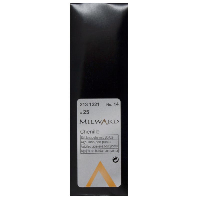 May include: A rectangular black package containing 25 Milward No. 14 Chenille needles. The white label features the text 213 1221, No. 14, x 25, Milward, Chenille, and various translations for embroidery needles with points, along with a gold triangle logo.