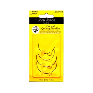 May include: A package of John James curved quilting needles. The yellow packaging displays four curved needles. The package has the text "4 Needles JJ60400 Assorted" and "Curved Quilting Needles". The text "Finest Quality Needles" is at the bottom.