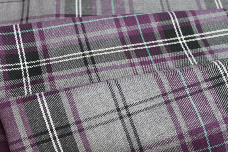 Fashion Purple Tartan Fabric matching thread. Tartan fabric by the yard. image 1