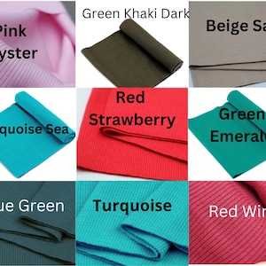 K&ouml;nnte beinhalten: Eine Sammlung gerippter Stoffmuster in verschiedenen Farben, darunter Rosa, Gr&uuml;n, Beige, Rot und T&uuml;rkis. Jedes Muster ist mit seinem Farbnamen beschriftet, wie "Pink Oyster" und "Red Strawberry". Die Stoffe sind gerollt oder gefaltet, um ihre Textur zu zeigen.