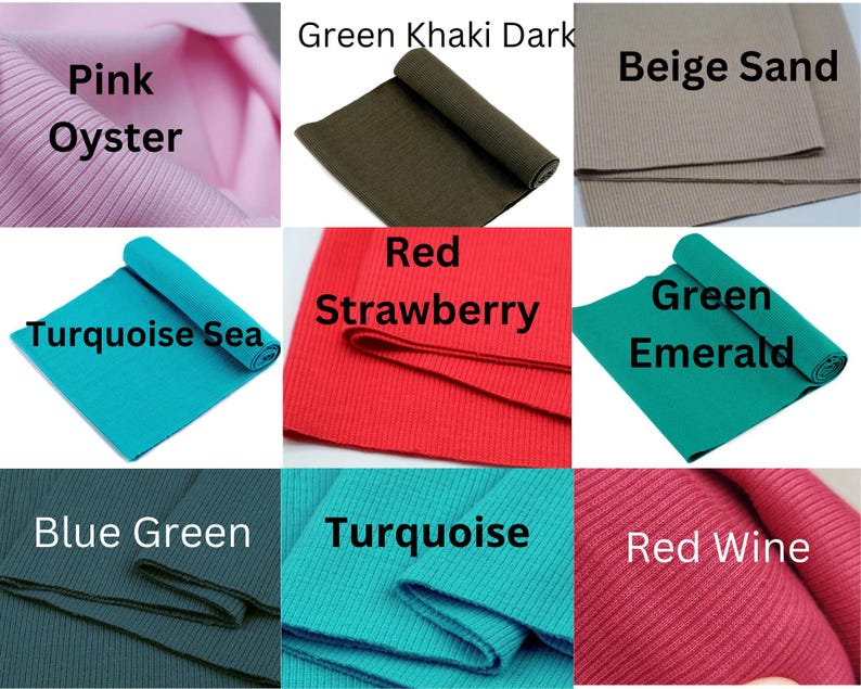K&ouml;nnte beinhalten: Eine Sammlung gerippter Stoffmuster in verschiedenen Farben, darunter Rosa, Gr&uuml;n, Beige, Rot und T&uuml;rkis. Jedes Muster ist mit seinem Farbnamen beschriftet, wie "Pink Oyster" und "Red Strawberry". Die Stoffe sind gerollt oder gefaltet, um ihre Textur zu zeigen.