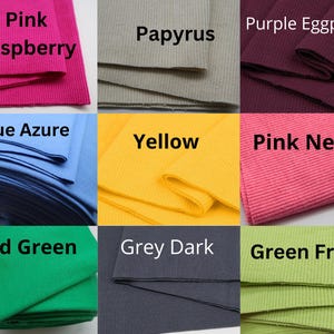 K&ouml;nnte beinhalten: Eine Sammlung von Stoffmustern in verschiedenen Farben, darunter Rosa, Blau, Gelb, Gr&uuml;n und Grau. Jedes Muster ist mit seinem Farbnamen beschriftet, wie "Pink Raspberry" und "Purple Eggplant". Der Stoff scheint gerippt zu sein.