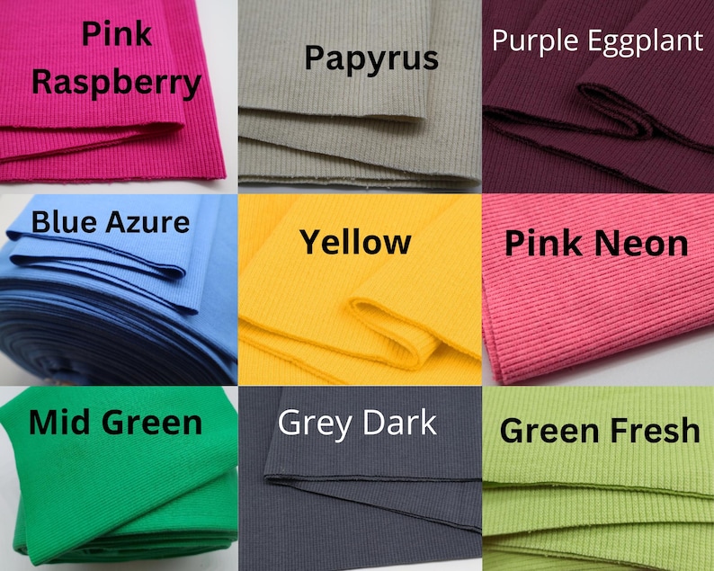 K&ouml;nnte beinhalten: Eine Sammlung von Stoffmustern in verschiedenen Farben, darunter Rosa, Blau, Gelb, Gr&uuml;n und Grau. Jedes Muster ist mit seinem Farbnamen beschriftet, wie "Pink Raspberry" und "Purple Eggplant". Der Stoff scheint gerippt zu sein.