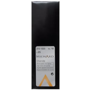 May include: A black rectangular package containing Milward brand Chenille needles, size No. 18. The label displays the text 213 1223, x 25, and includes a yellow triangle graphic at the bottom. The packaging is vertical and features white text on a silver background.