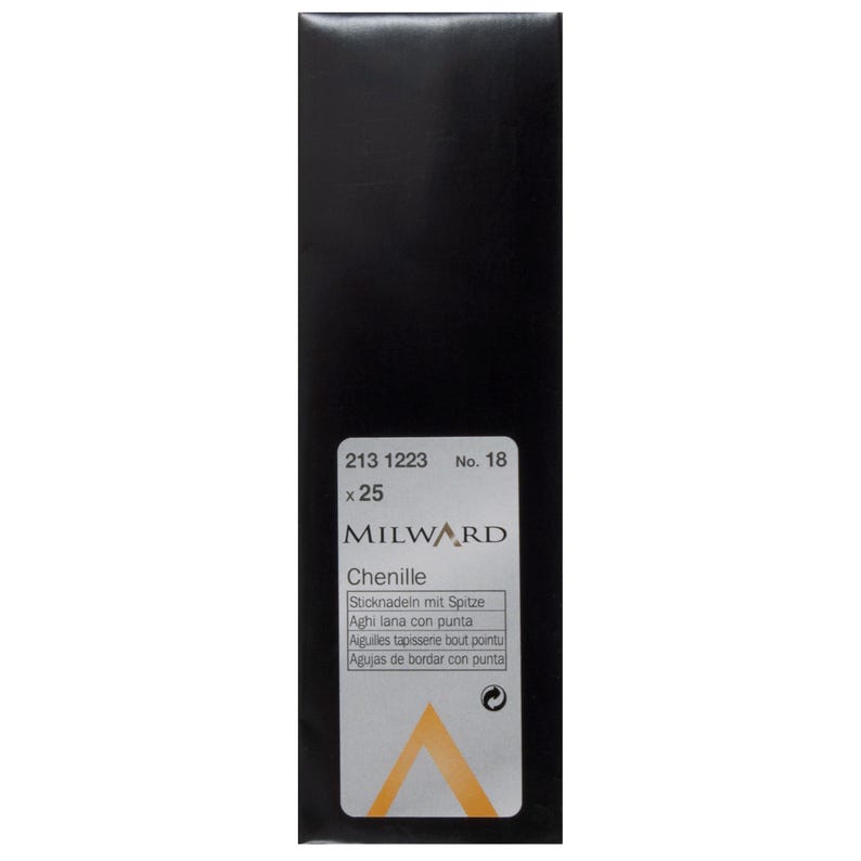 May include: A black rectangular package containing Milward brand Chenille needles, size No. 18. The label displays the text 213 1223, x 25, and includes a yellow triangle graphic at the bottom. The packaging is vertical and features white text on a silver background.