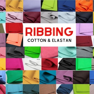 May include: A grid of fabric swatches in various solid colours featuring a ribbed texture. The central text reads RIBBING COTTON & ELASTAN. The collection includes shades of red, blue, green, yellow, pink, purple, orange, black, white, and grey.