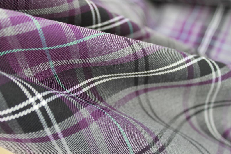 Fashion Purple Tartan Fabric matching thread. Tartan fabric by the yard. image 2