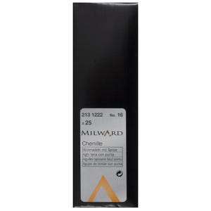 May include: A black rectangular package of Milward brand Chenille needles, size No. 16. The white label features the text 213 1222, No. 16, x 25, Milward, Chenille, and various translations for pointed needles, with a yellow triangle logo at the bottom.