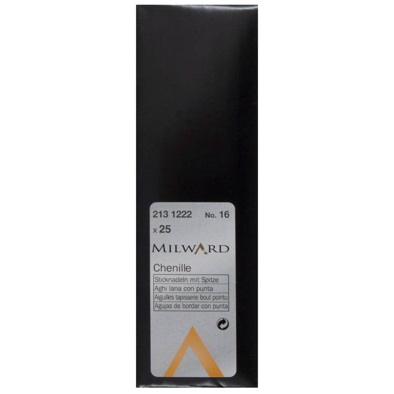 May include: A black rectangular package of Milward brand Chenille needles, size No. 16. The white label features the text 213 1222, No. 16, x 25, Milward, Chenille, and various translations for pointed needles, with a yellow triangle logo at the bottom.