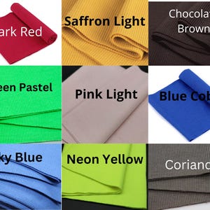 K&ouml;nnte beinhalten: Eine Sammlung von neun Stoffmustern in verschiedenen Farben, darunter Dunkelrot, Saffron Light, Schokoladenbraun, Gr&uuml;n Pastel, Pink Light, Blau Kobalt, Himmelblau, Neon Gelb und Koriander. Jedes Muster ist beschriftet.