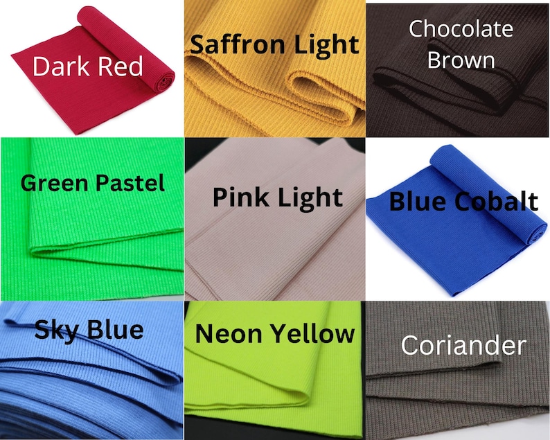 K&ouml;nnte beinhalten: Eine Sammlung von neun Stoffmustern in verschiedenen Farben, darunter Dunkelrot, Saffron Light, Schokoladenbraun, Gr&uuml;n Pastel, Pink Light, Blau Kobalt, Himmelblau, Neon Gelb und Koriander. Jedes Muster ist beschriftet.