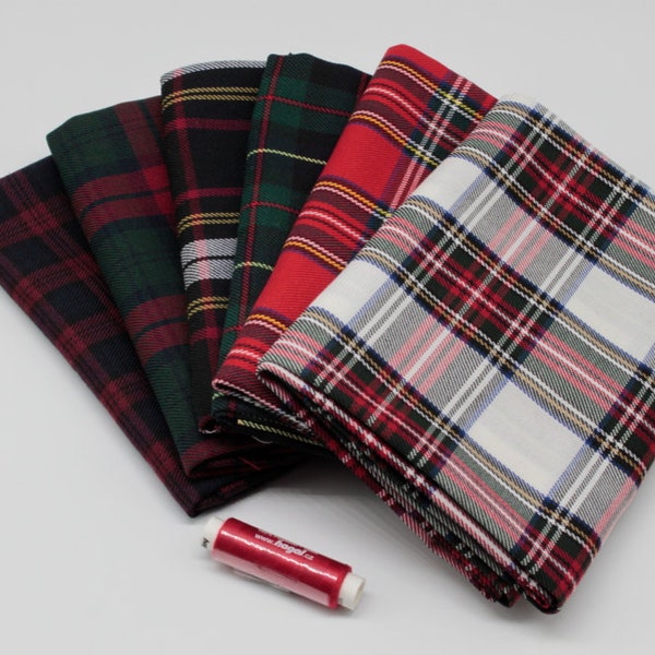 Christmas Tartan Fat Quarter Pack - 6 pieces of fabric size 50 cm x 72 cm plus matching thread