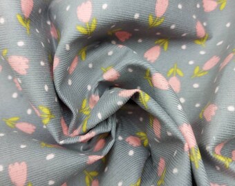 Cotton Babycord Needlecord Disty Flowers Tulips by the 1/2 Metre Blue with Gold Accent Pink