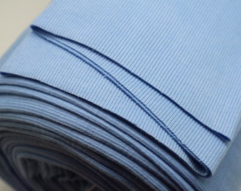 Pale Blue Rib Knit, 97% Cotton, 3 perc Elastane. Width tube 2x 38cm, Ribbing fabric for cuffs, waistbands, collars.