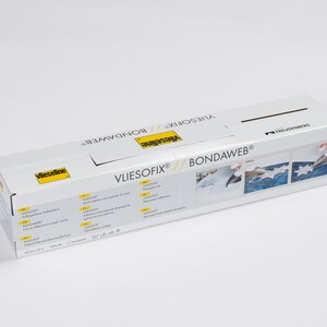 May include: A white box with yellow text that reads "Vliesofix&reg; Bondawweb&reg;" and "Vlieseline". The box shows three images of a person using a white iron to adhere fabric to a blue surface.