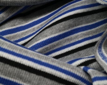 Striped Rib Knit Mid Blue/Black/Grey - 97% Cotton. Ribbing fabric for cuffs. Black rib knit fabric. Width 2x 45cm, weight 340gsm.